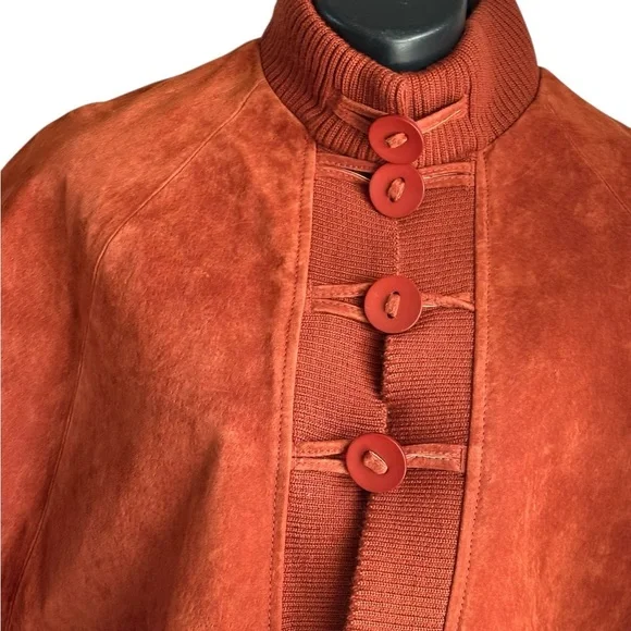 Révue rust orange Suede leather Cape Jacket with Knit Trim & Statement Buttons - Picture 5 of 7